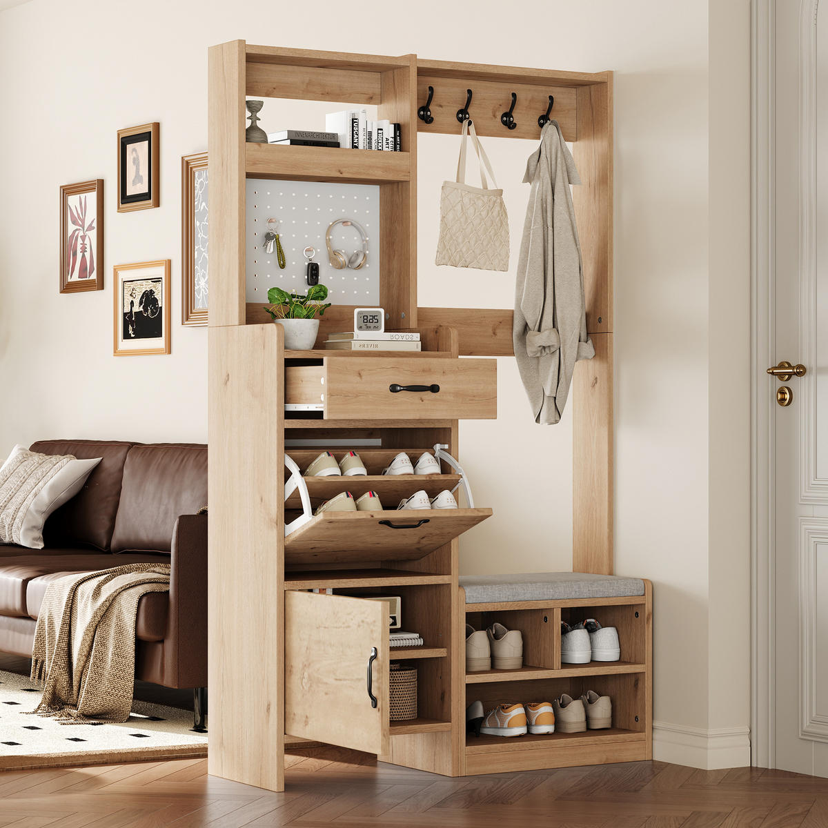 GARDEROBENSET Wand mit Schuhbank 4 Haken Natural 108.5x35x180cm - Multicolor, Holzwerkstoff (35/180/108.5cm) - FLIEKS