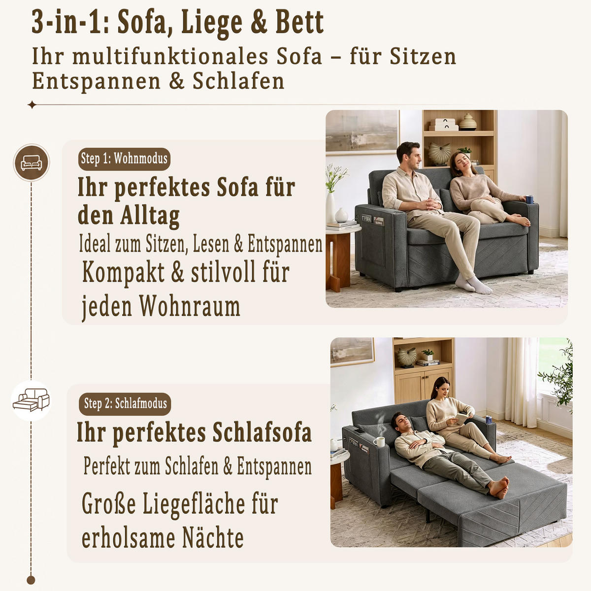 SCHLAFSOFA 134/82/73 cm Dunkelgrau mit USB Charging und Aufbewahrungstasche - Dunkelgrau, Textil (134/73/195cm) - Oxeza