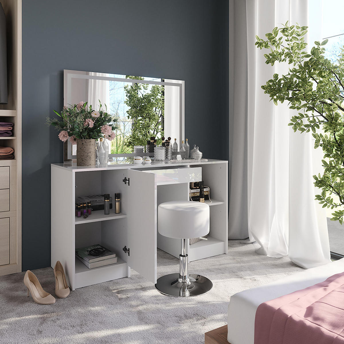 SCHMINKTISCH Sherry Weiß/Weiß Hochglanz 128.2 cm mit LED-Spiegel und Hocker - Weiß Hochglanz, Holzwerkstoff (128.2/76/50.1cm) - Vicco