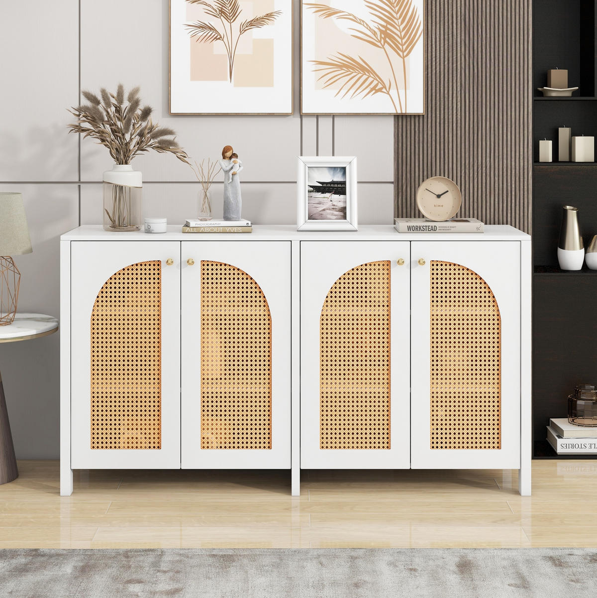SIDEBOARD aus MDF 145x80x40 cm Weiß mit 4 Türen, Kunst-Rattan und verstellbarem Einlegeboden - Weiß, Holzwerkstoff (145/40/80cm) - Modfu