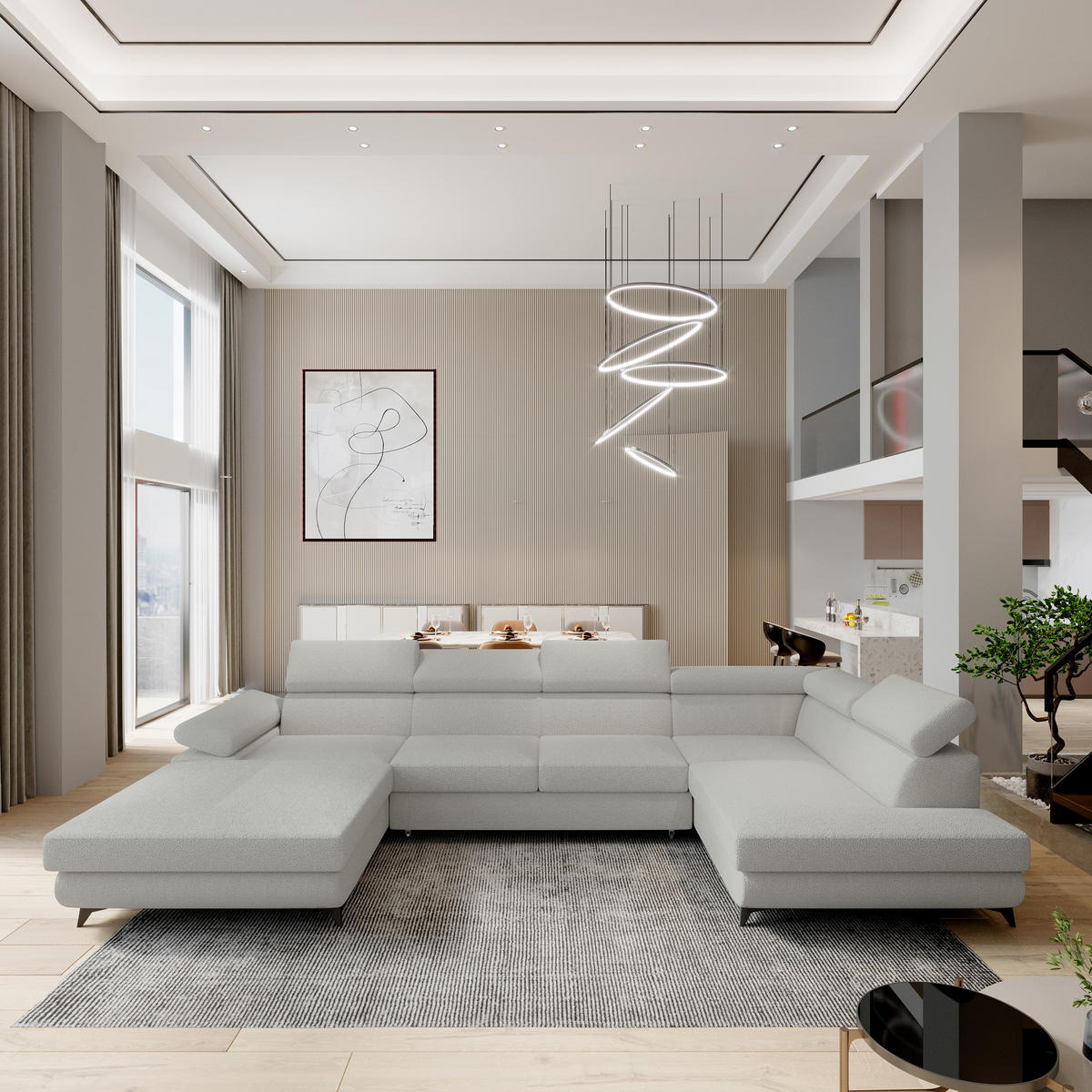 ROHOVÁ SEDAČKA RUBANO světle šedá - černá/světle šedá, kov/dřevo (339/190cm) - MASSENO