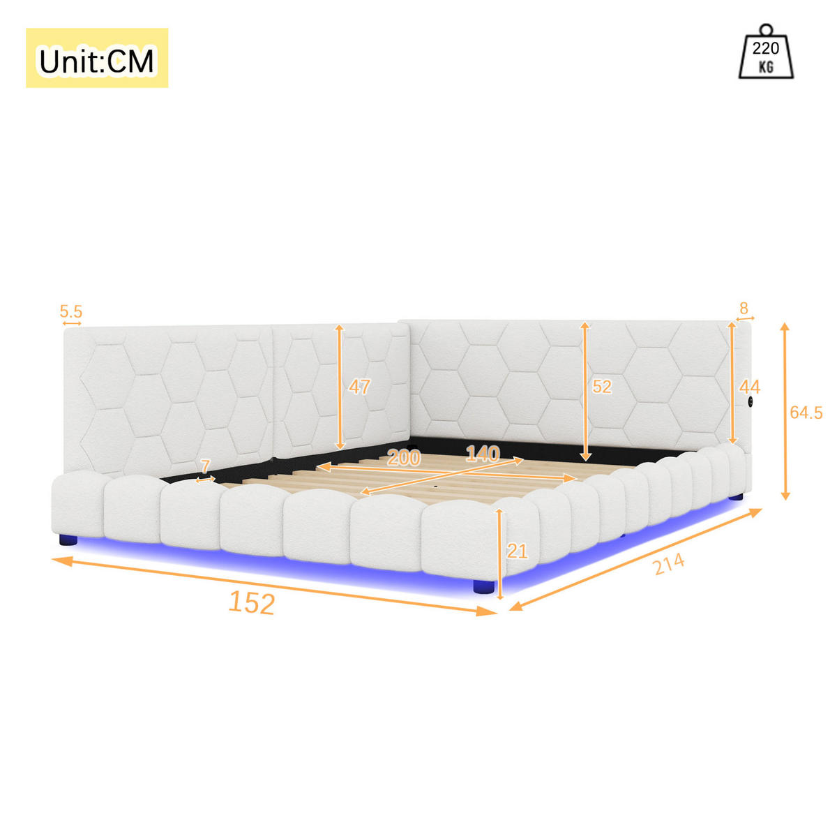 KREVET 140/200 cm s LED ambijentalnim osvjetljenjem, USB priključkom i USB-C priključkom, Bijela - bijela, tekstil (140/200cm) - Redom