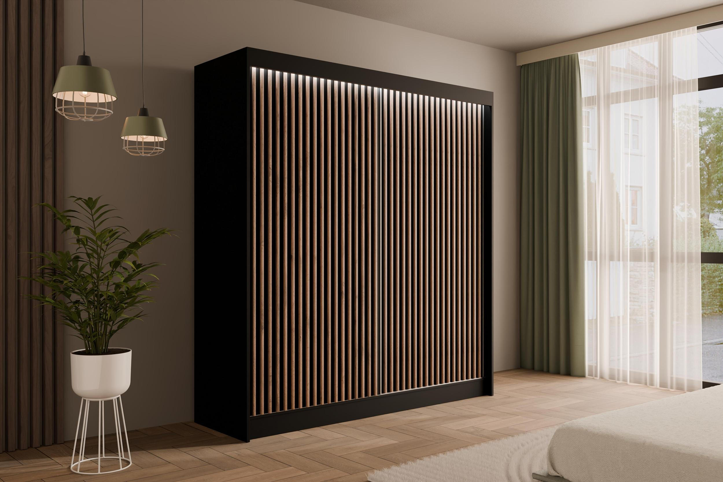 KLEIDERSCHRANK mit LED, Lamel-Schiebetüren VILANv2 - 200 cm Schwarz + Lamelle Eiche Wotan - Eiche Wotan/Schwarz, Holzwerkstoff (200/215/61cm) - ALTDECOR