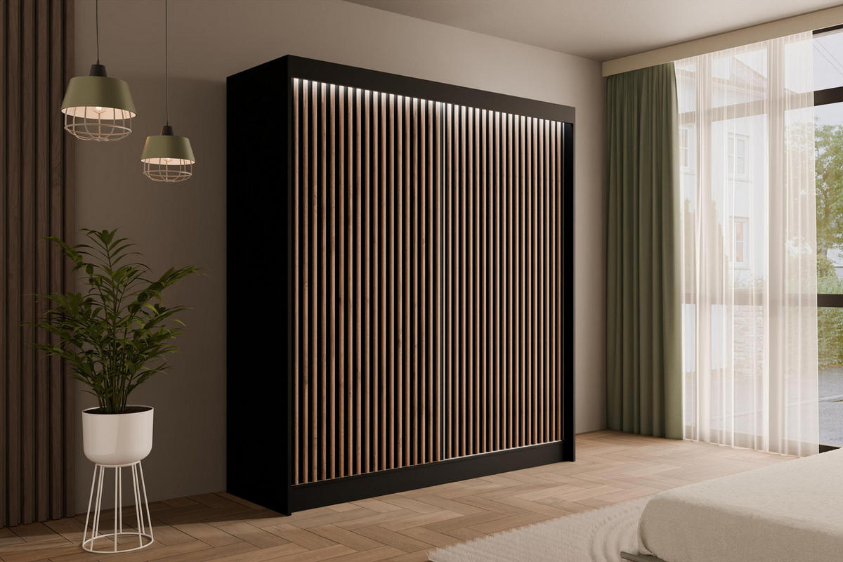 KLEIDERSCHRANK mit LED, Lamel-Schiebetüren VILANv2 - 200 cm Schwarz + Lamelle Eiche Wotan - Eiche Wotan/Schwarz, Holzwerkstoff (200/215/61cm) - ALTDECOR