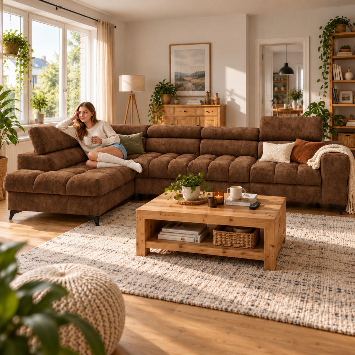 ECKSOFA PUDDING MAXI L Links mit Schlaffunktion 125x195 Velours Hellbraun - Hellbraun/Schwarz, Holz/Textil (350/203cm) - Muffo