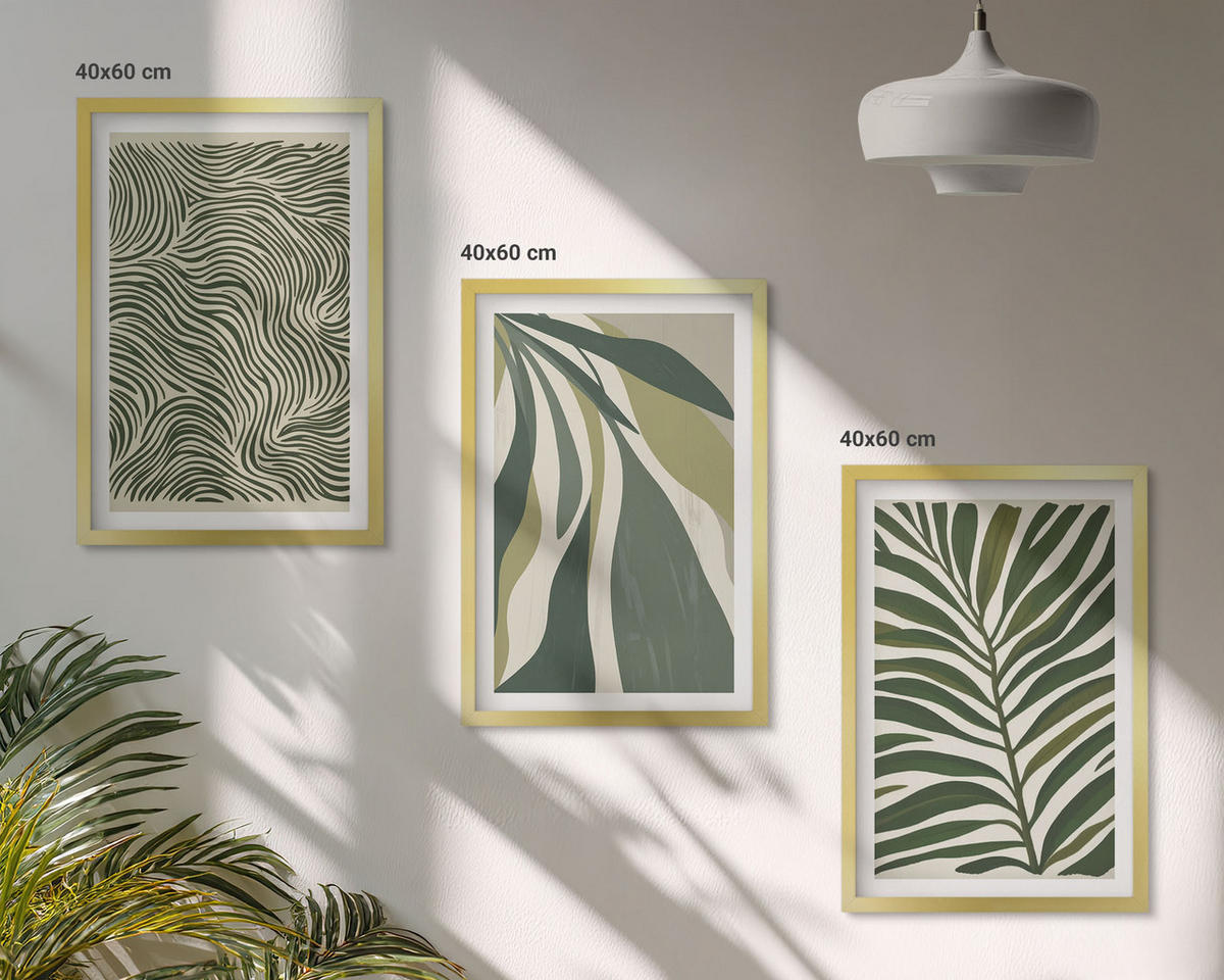 BILDER SET 3er Set - 40x60 cm Goldrahmen - Blätter mit wellenförmigen grünen Linien - Goldfarben, Kunststoff (40/60cm) - TULUP