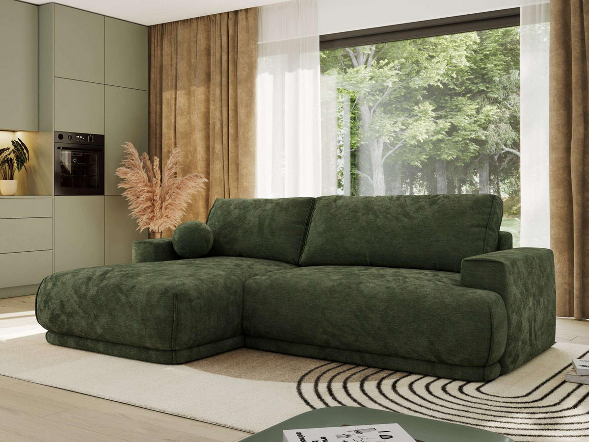 ECKSCHLAFSOFA RINA L Dunkelgrün Schenille glatt - links - Dunkelgrün/Schwarz, Kunststoff/Textil (267/170cm) - MKS