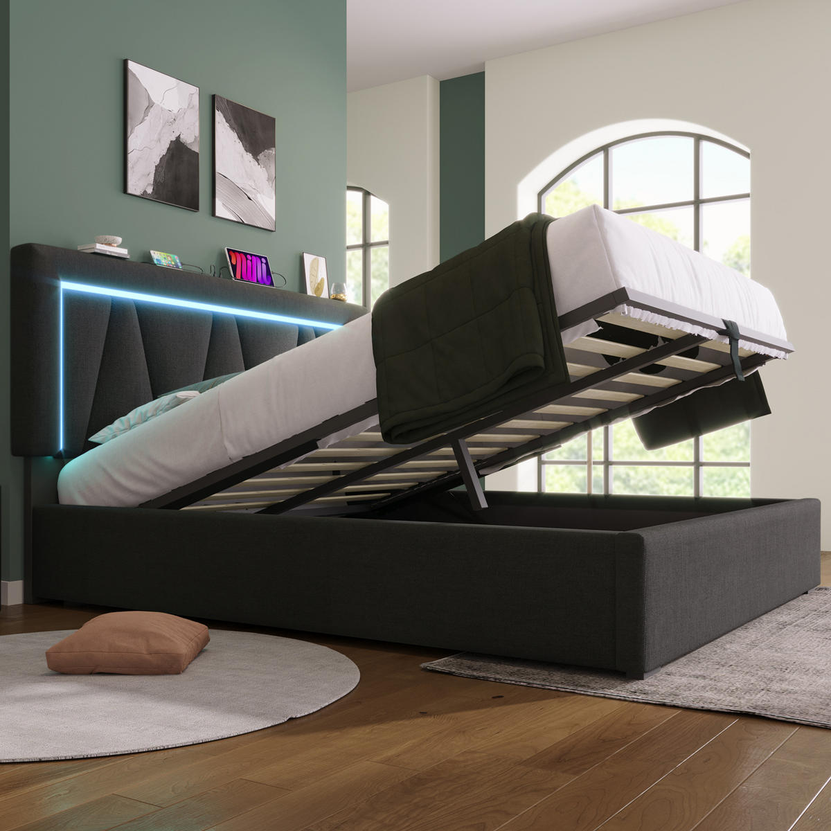 POLSTERBETT 160/200 cm grau mit LED-Beleuchtung und USB-Anschlüssen - Grau, Textil (160/200cm) - OKWISH