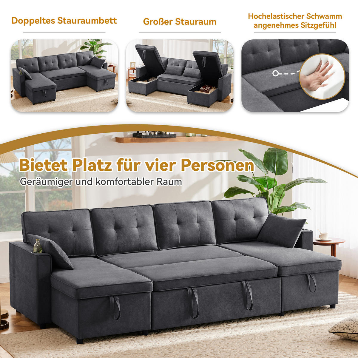 SCHLAFSOFA U-Form mit Getränkehalter und Stauraum - Grau, Textil (270/86/130cm)