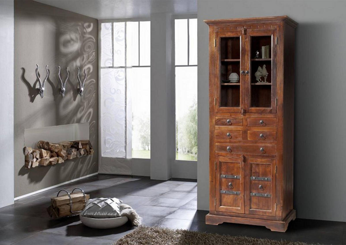 VITRINE Akazie 80x50x195 nougat lackiert OXFORD #454 - Dunkelbraun, Holz (80/195/50cm) - Massivmoebel24