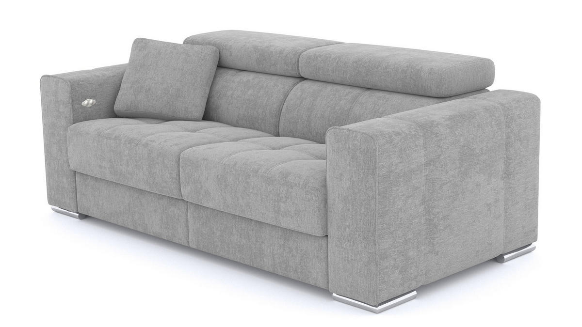 SOFA QUARTZ 3-Sitzer mit 1 Relaxfunktion, hellgrau - Silberfarben/Hellgrau, Holzwerkstoff/Textil (204/80/102cm) - Courtois Laville