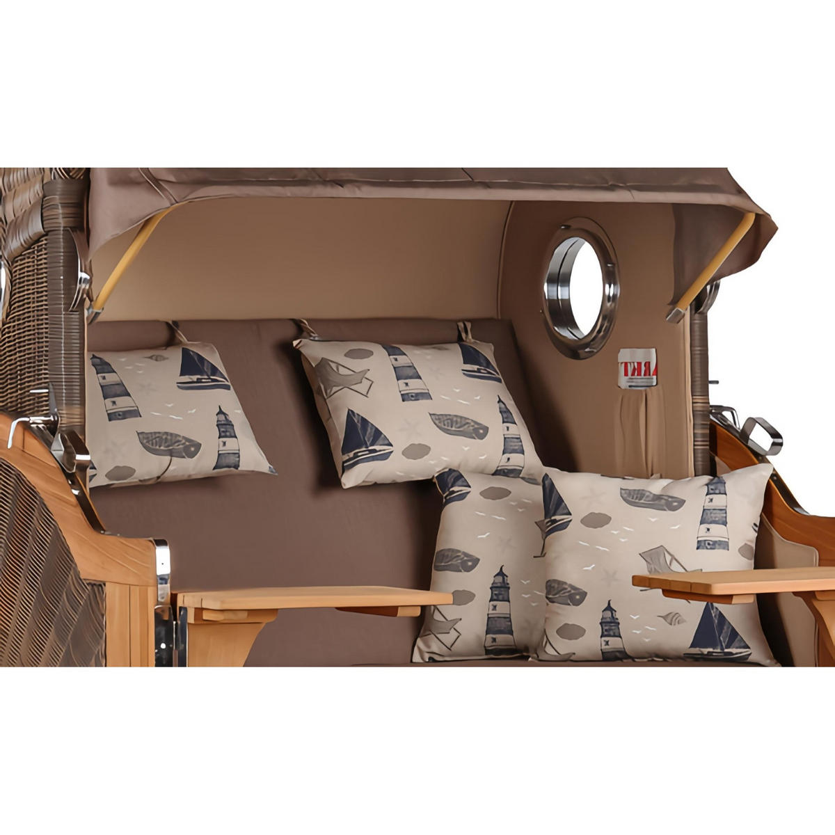 STRANDKORB Düne Grande Bullauge Teak PE Grey Dessin 540 - Taupe/Braun, Metall (142/170/95cm) - Mr. Deko