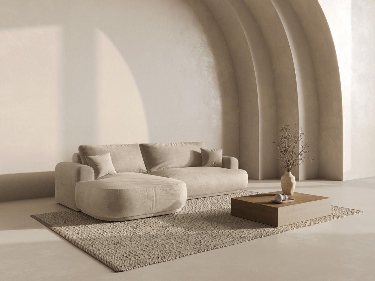 SCHLAFSOFA modular mit Bettkasten links Ella aus Samt leichtes beige 5 Sitzplätze - Creme, Textil (174/271cm) - Micadoni