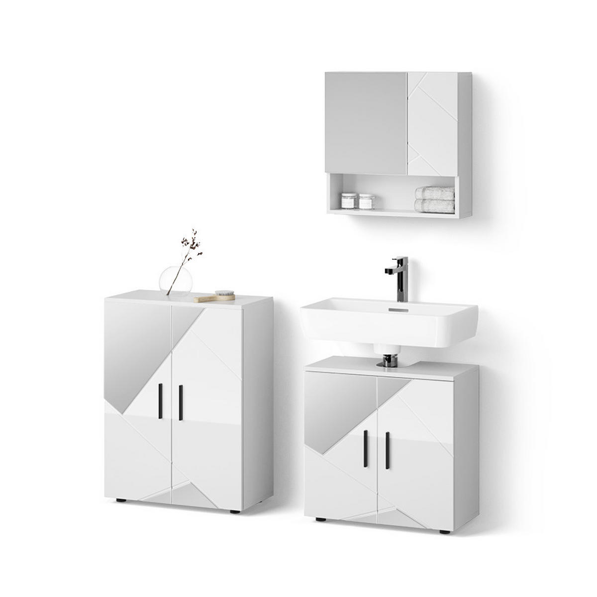 BADMÖBEL-SET Ronco Weiß Hochglanz mit Einsätzen 3 Teile, mit Unterschrank 60 cm - Weiß Hochglanz, Holzwerkstoff (60/60/59cm) - Livinity®