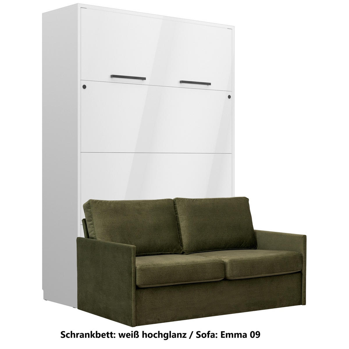 SCHRANKBETT Wandbett GN 140x200 weiß hochglanz mit LED & Sofa - Grün - Weiß Hochglanz/Schwarz, Holz/Holzwerkstoff (140/200cm) - QMM TraumMöbel