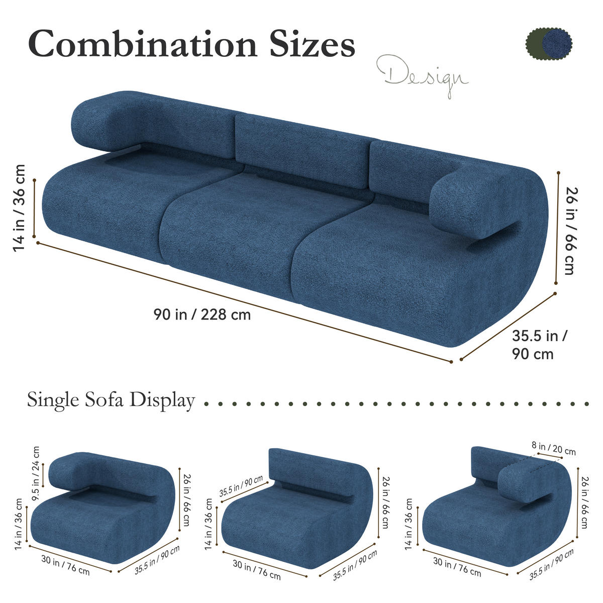 SOFA Modulares Sofa Kommaform Blau Linke Armlehne - Blau, Textil (76/66/90cm) - Vercart