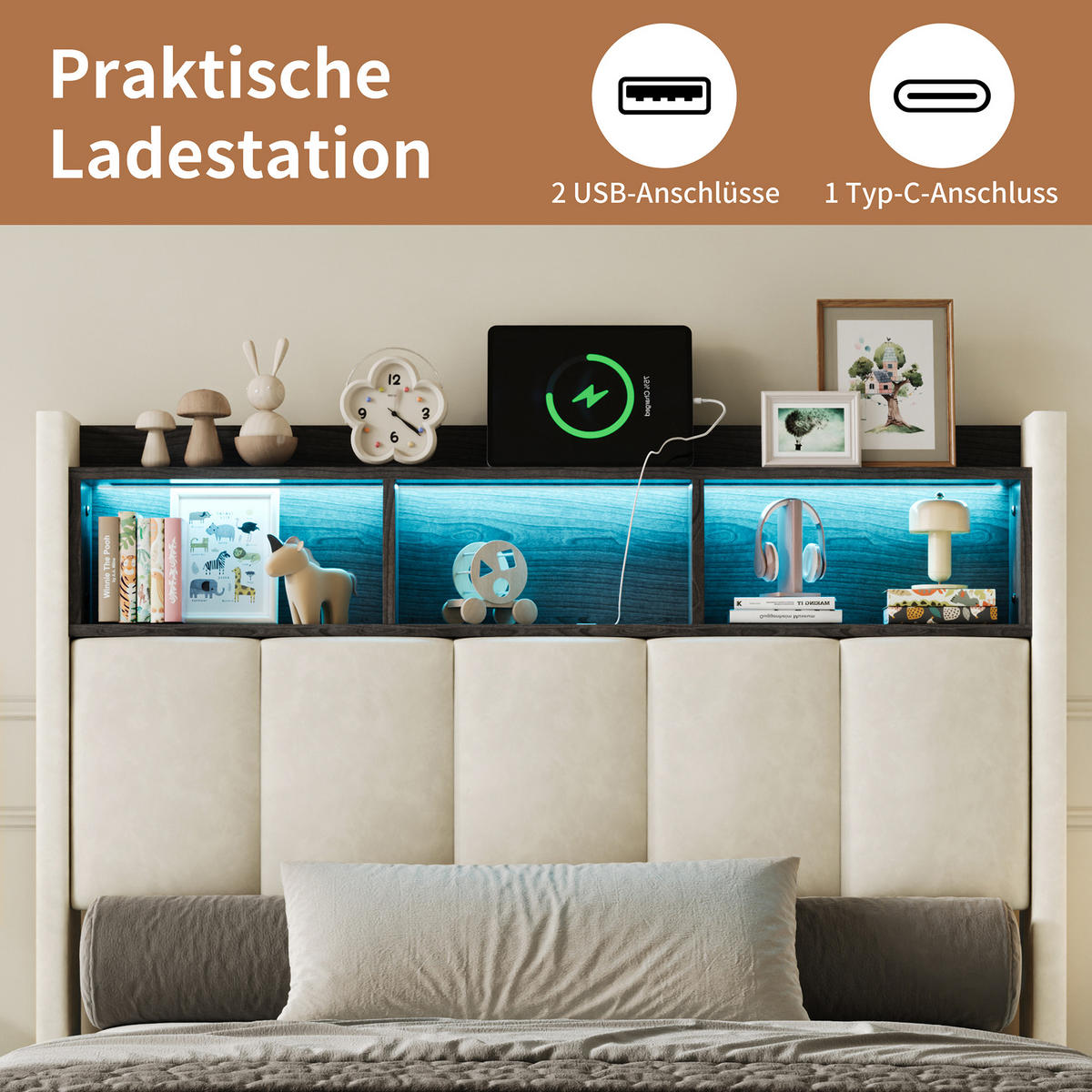 POLSTERBETT 90x200 cm Samt mit LED Kopfteil, Lattenrost und USB Typ-C Funktion - Weiß, Holzwerkstoff (90/200cm) - Novahome