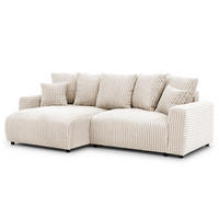 ECKSOFA Calma mit Schlaffunktion und Bettkasten im Bumpy-Design aus weichem Creme Plüschcord - Ottomane links - Creme/Schwarz, Holz/Kunststoff (239/140cm) - S-Style