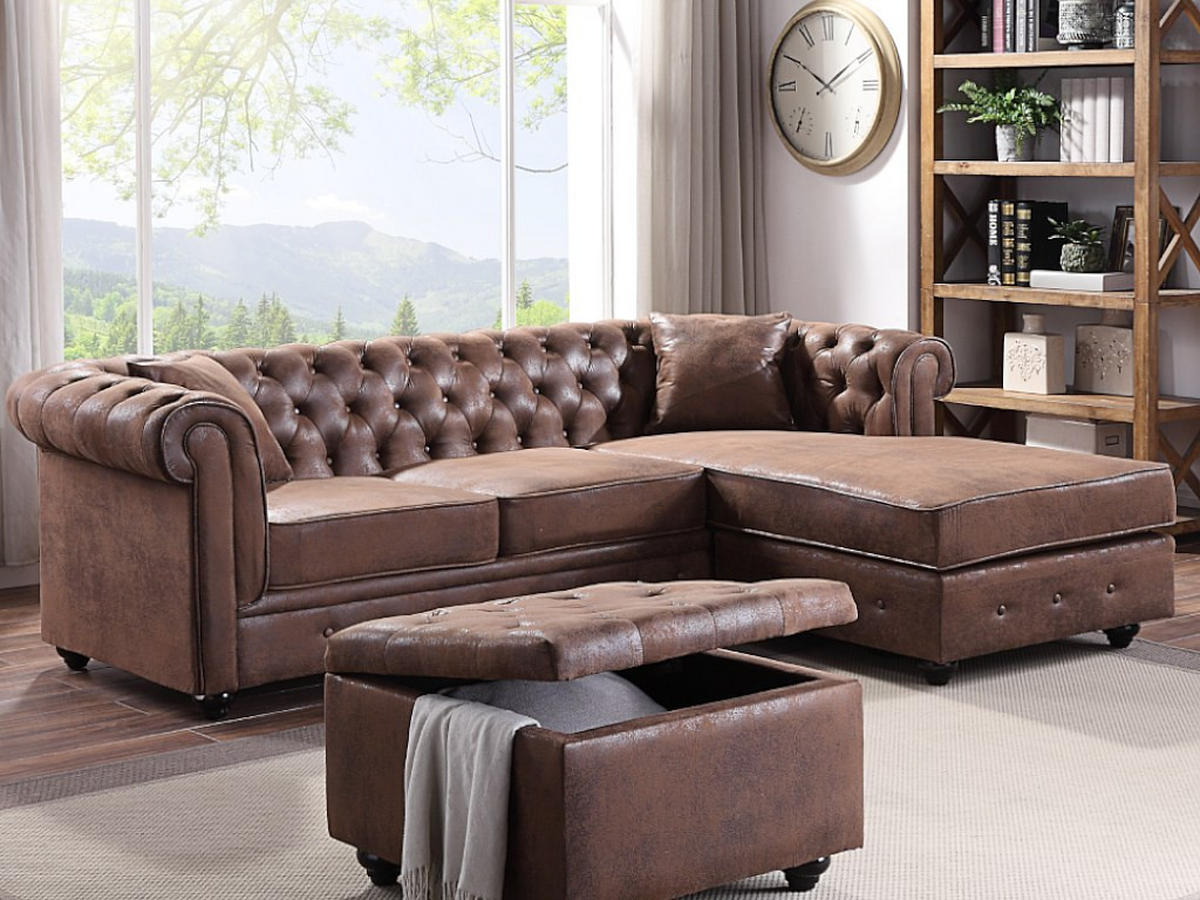 CHESTERFIELD Ecksofa - Microfaser Vintage Look - Braun - TOLEDO - Braun, Textil (228/163cm) - Vente-Unique
