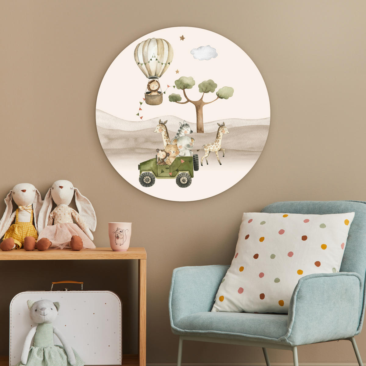 WANDBILD Wilde Tiere - Safari - Aquarell - Heißluftballon 60x60 cm - Beige, Kunststoff (60/60cm) - MuchoWow