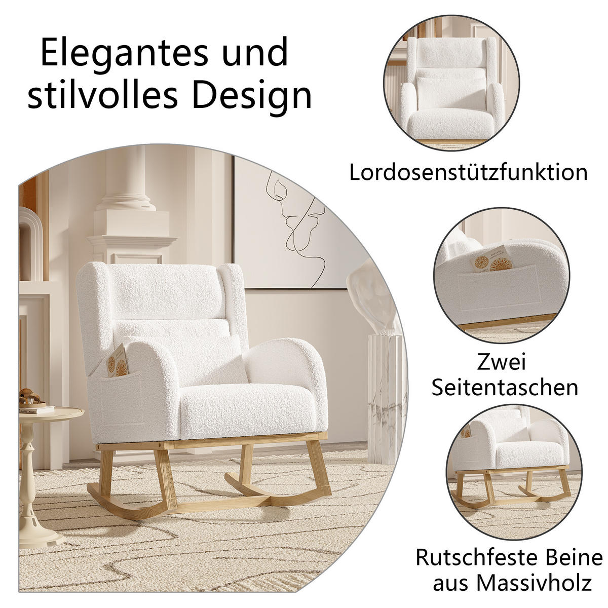 SCHAUKELSTUHL Weiß, Teddy-Samt, 79 x 69 x 87 cm - Weiß, Holz/Textil (65/89/92cm) - PARAFTA HOME