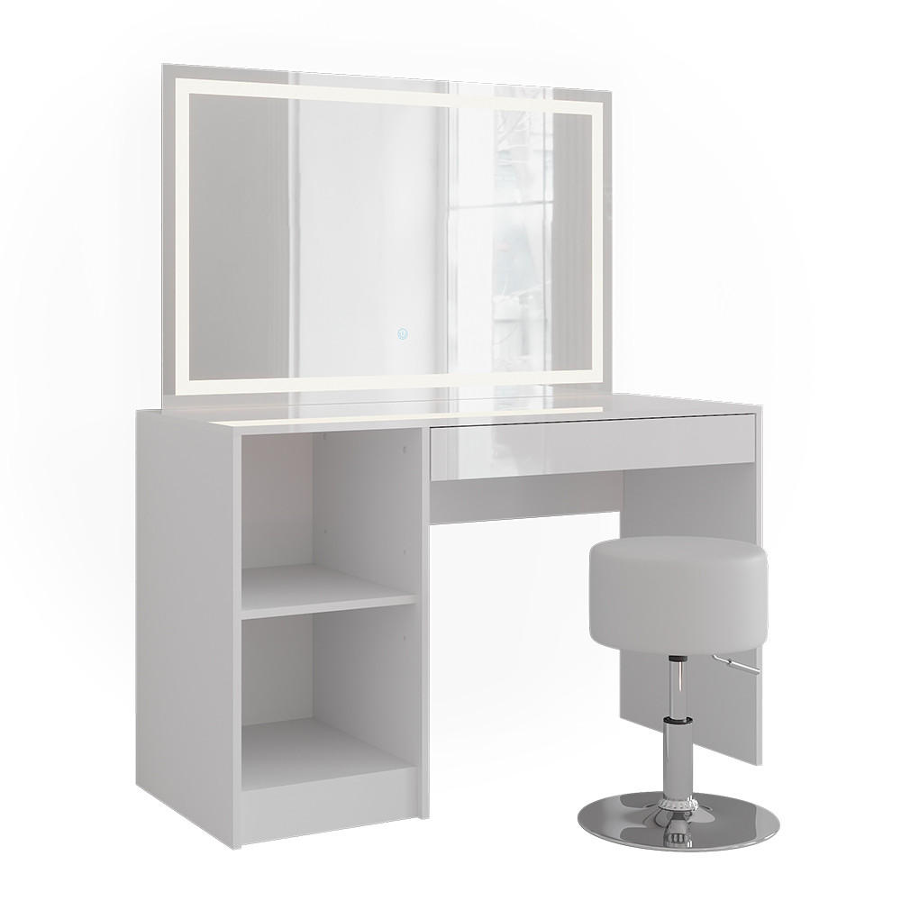 SCHMINKTISCH Sherry Weiß/Weiß Hochglanz 119.8 cm mit LED-Beleuchtung und Hocker - Weiß Hochglanz, Holzwerkstoff (119.8/76/50.1cm) - Vicco