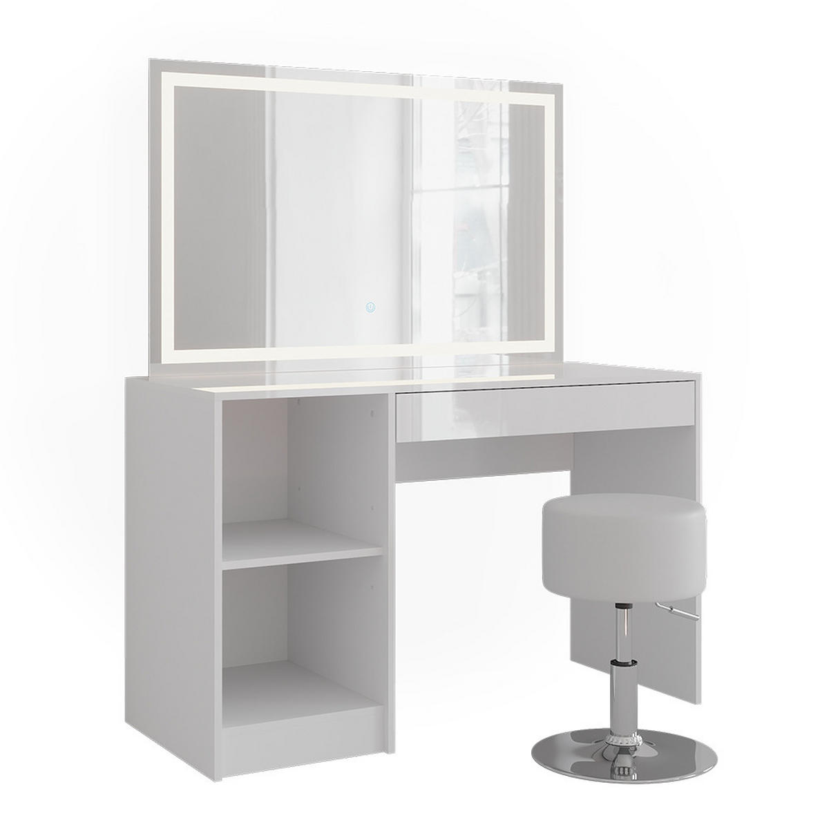 SCHMINKTISCH Sherry Weiß/Weiß Hochglanz 119.8 cm mit LED-Beleuchtung und Hocker - Weiß Hochglanz, Holzwerkstoff (119.8/76/50.1cm) - Vicco