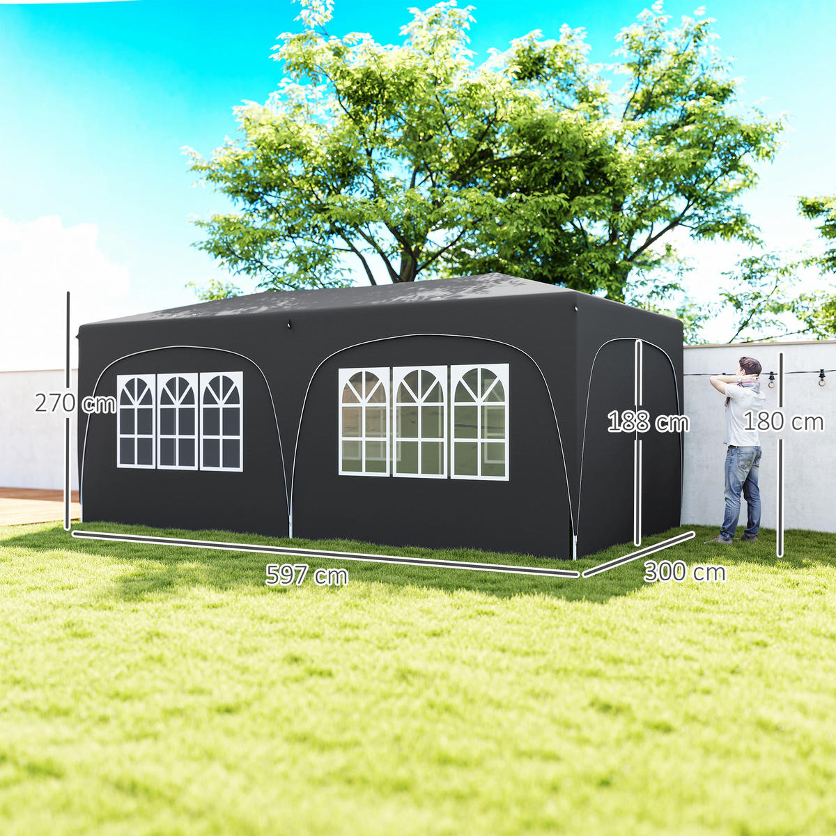 FALTPAVILLON, 6x3m, Seitenwände, UPF50+, höhenverstellbar, Tragetasche, Dunkelgrau - Multicolor, Metall (597/270/300cm) - FORIOUS