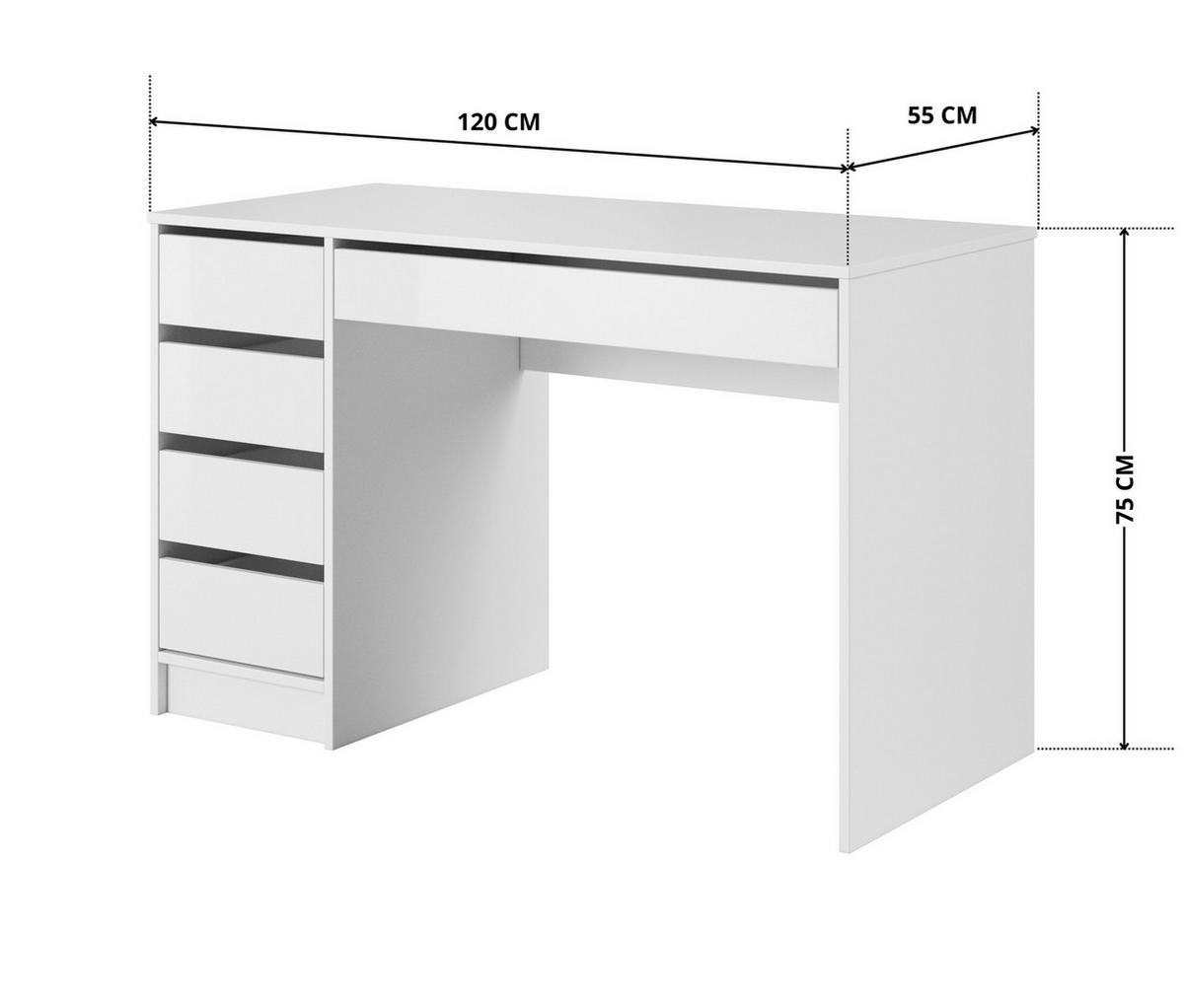 SCHREIBTISCH MIA 120 cm Weiß Hochglanz - mit 5 Schubladen, beidseitig montierbar - Weiß Hochglanz, Holz/Holzwerkstoff (55/120/75cm) - Ravio