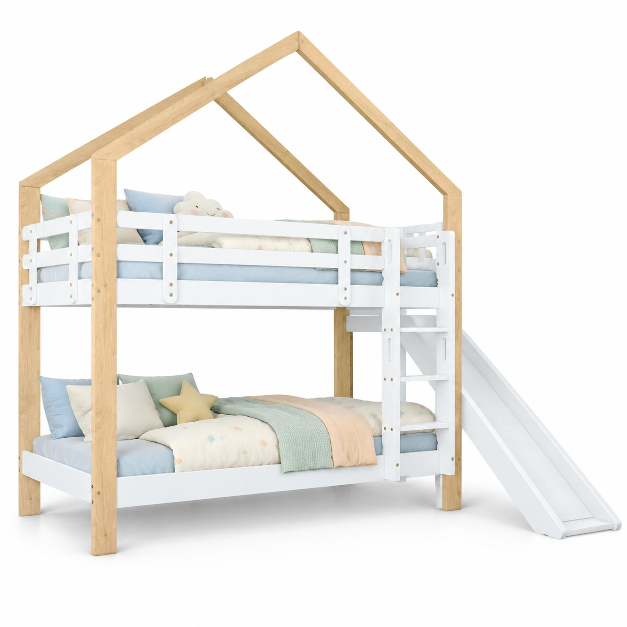 ETAGENBETT mit Rutsche und Leiter 90x200 cm Weiß/Natur - Weiß, Holzwerkstoff (90/200cm) - Beauniv