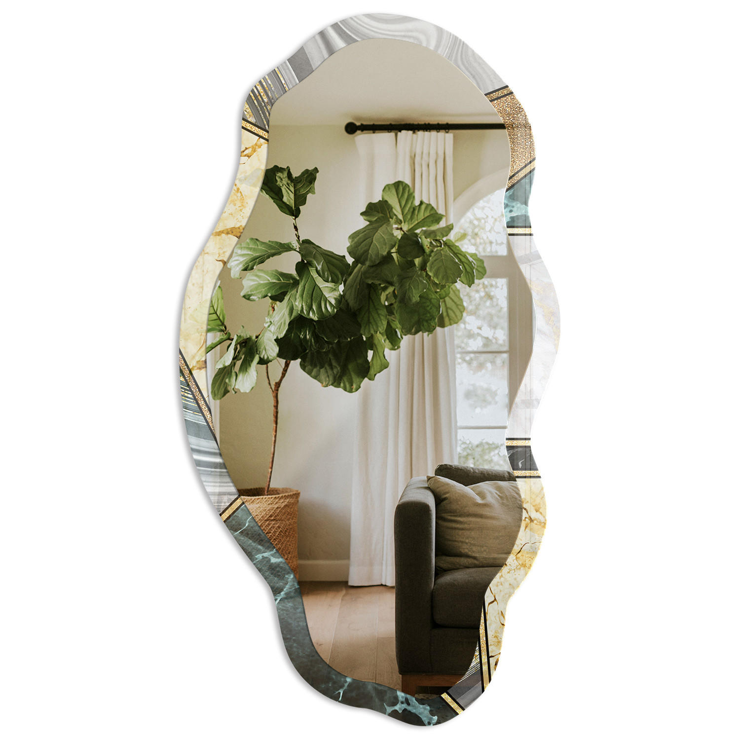 SPIEGEL 90x45 cm asymmetrisch mit Druck - Geometrisches Mosaik - Transparent, Glas (45/90/0.4cm) - TULUP