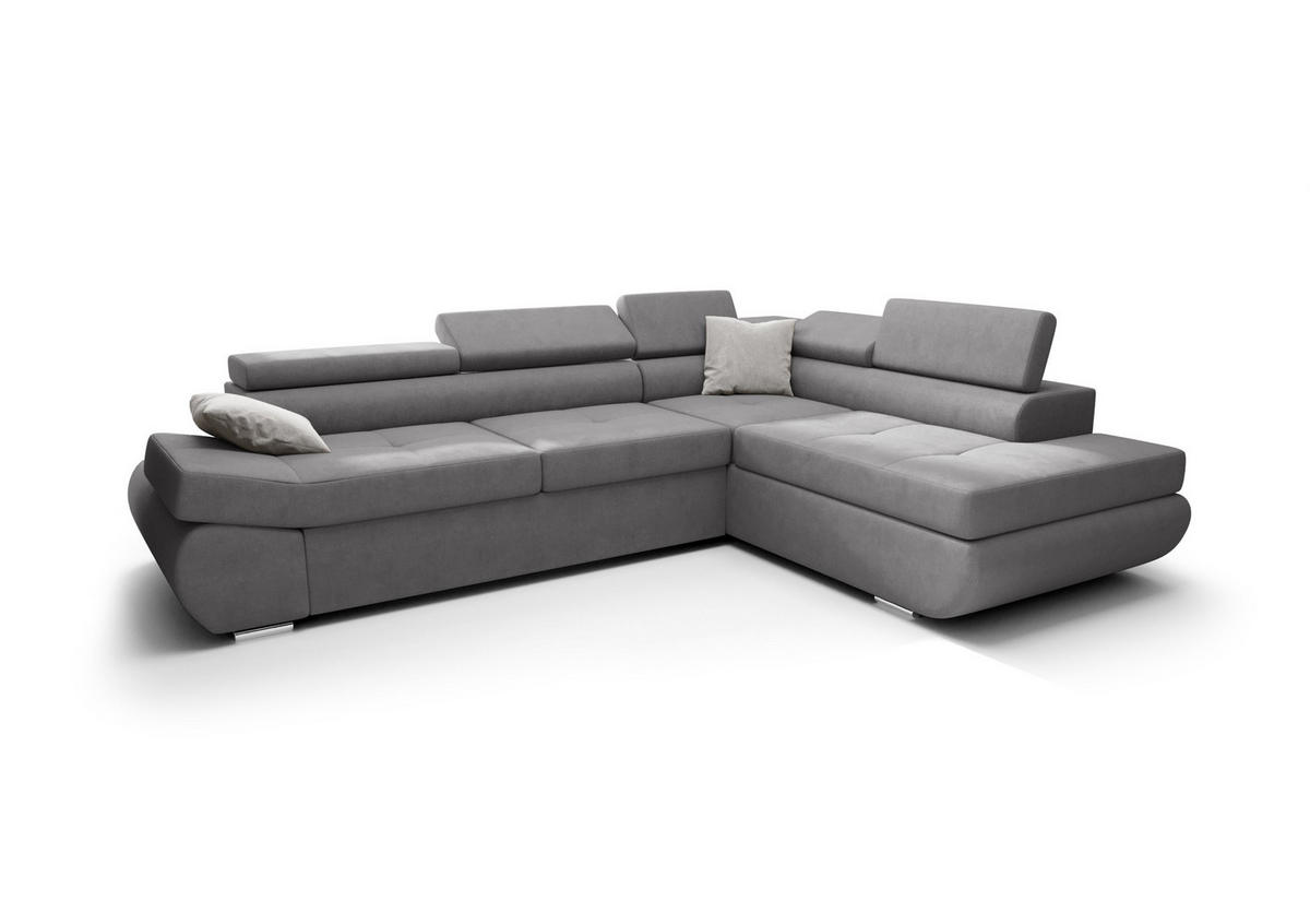 ECKSOFA KONGO RBN03, Eckcouch in L-Form mit Schlaffunktion, Farbe: Grau, Velourstoff, Ottomane Rechts - Grau, Textil (280/200cm) - O-Sofa