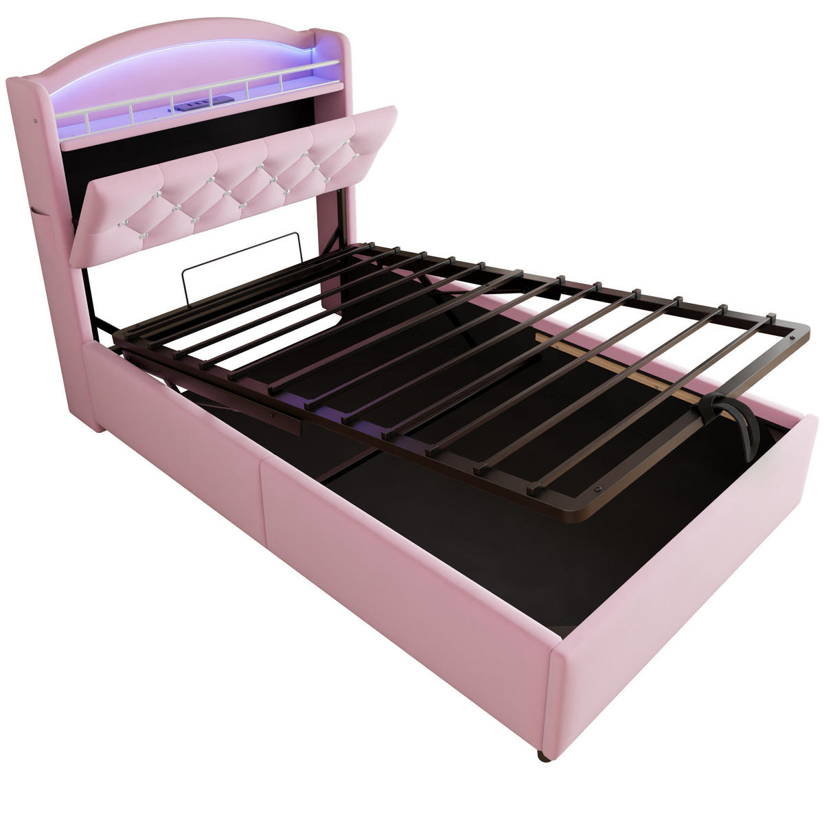 POLSTERBETT 90/200 cm Rosa mit Stauraum, LED-Beleuchtung und USB-Anschlüssen - Pink, Textil (90/200cm) - Flora Grace