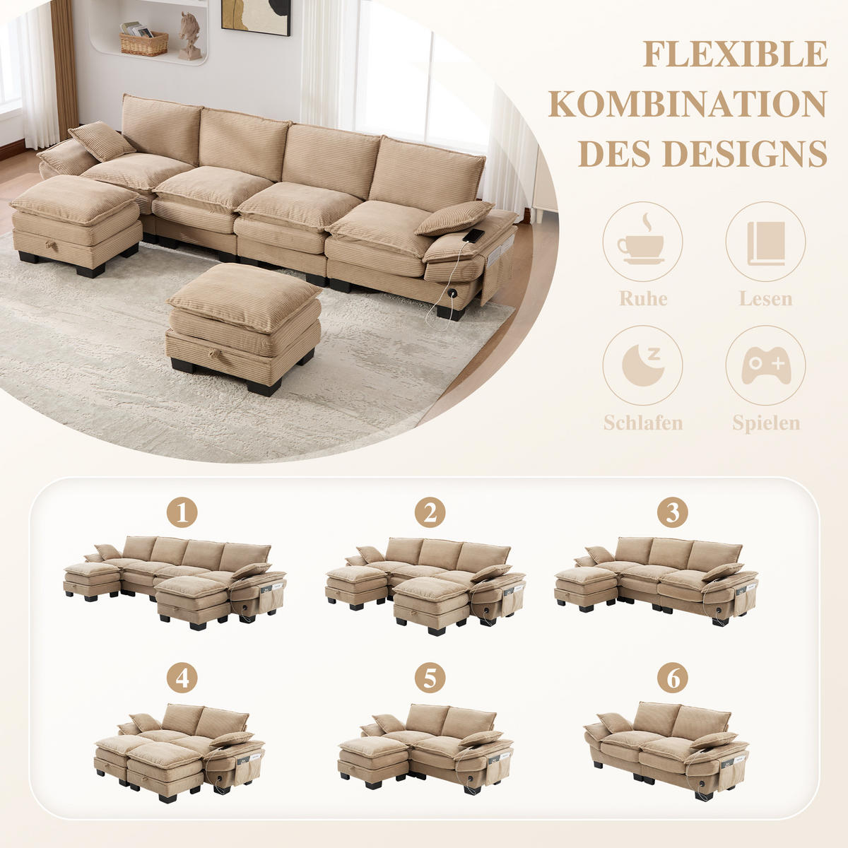 WOHNLANDSCHAFT Cord Khaki mit USB-C, Seitentaschen und 2 Hockern - Hellbraun, Holzwerkstoff/Kunststoff (330/84/132cm) - WISHDOR