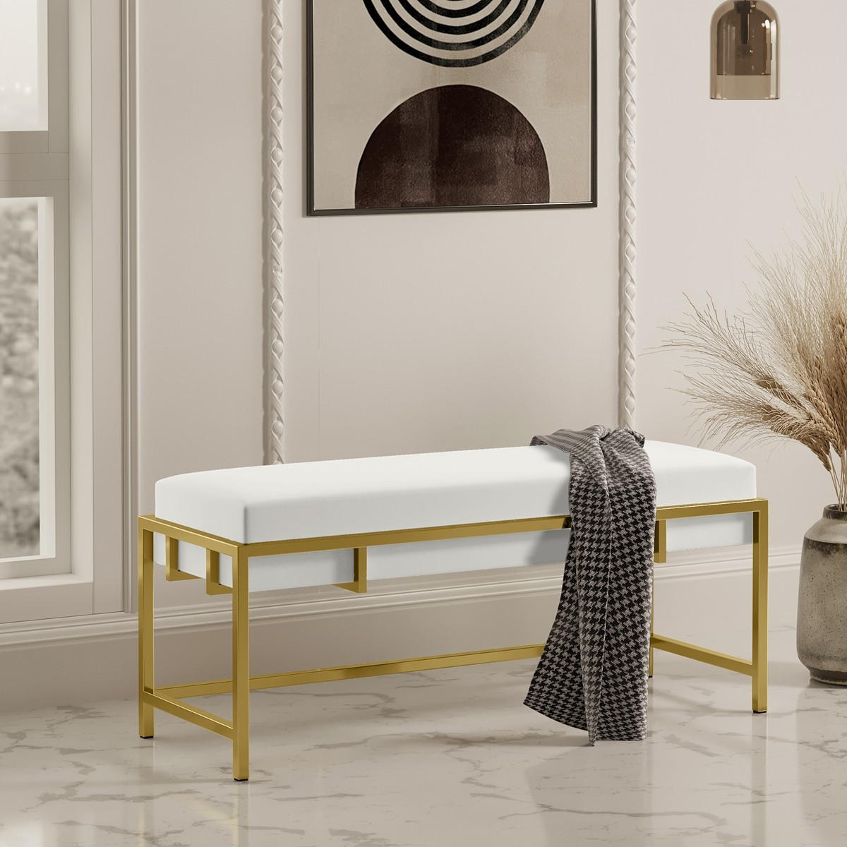 POLSTERBANK LAMO 80 cm Hellbeige, Goldener Rahmen, Samtpolsterung - Goldfarben/Creme, Textil/Metall (80/45/35cm) - Bettso