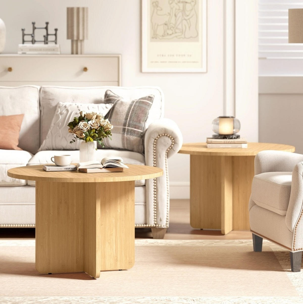 COUCHTISCH 66/66/45 cm mit Kreuzgestell und verstellbaren Füßen, Bambus, Natur - Naturfarben, Naturmaterialien (66/66/45cm) - Redom