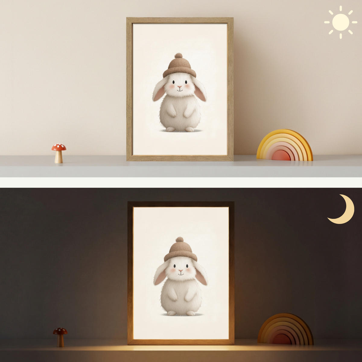 NÁSTĚNNÁ LAMPA S AKUMULÁTOREM Králík - Klobouk - Uši - béžový 30x40 cm - krémová, kompozitní dřevo (30/40/8cm) - OnlyWow