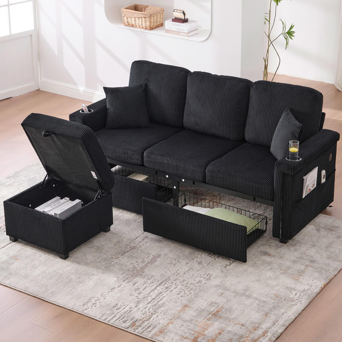 ECKSOFA 194/73/81 cm Schwarz mit LED-Beleuchtung, Stauraum-Fußteil, 2 Schubladen, Getränkehaltern und Seitentaschen - Schwarz, Textil (194/73cm) - Oxeza