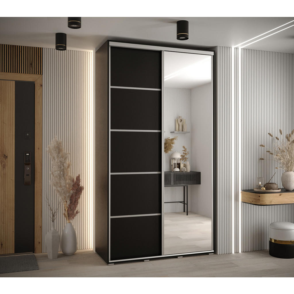 Thumbnail - Abiks Möbel Schwebetürenschrank, Schwarz, Schwarz, Silber, Metall, Nachbildung, 6 Fächer, 130x235x60 cm, Schlafzimmer, K...