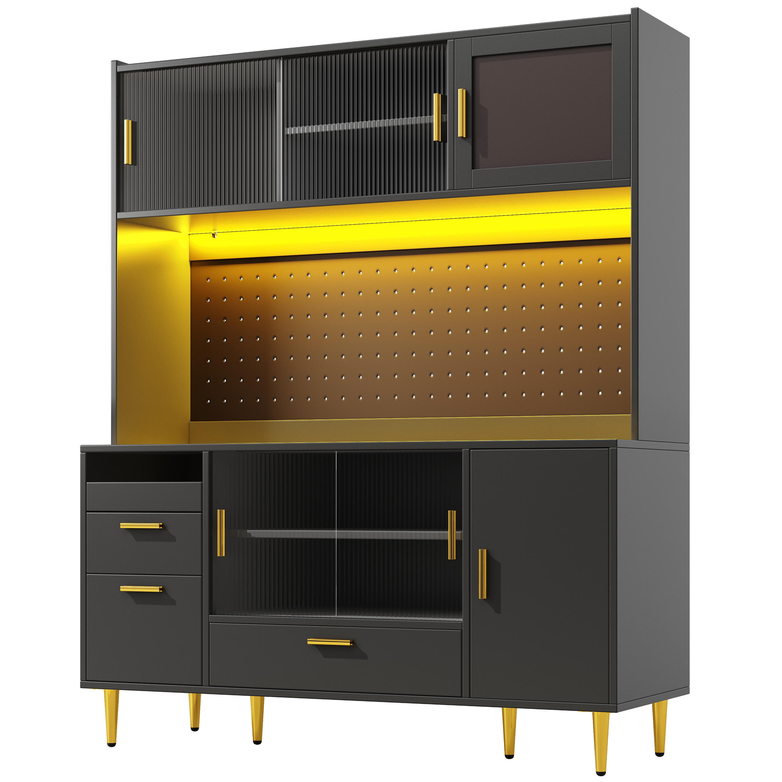 BUFFET DE-38470 140/40/180 cm mit LED-Beleuchtung und Lochwand Schwarz - Schwarz, Holzwerkstoff (140/180/40cm) - ComfortXL