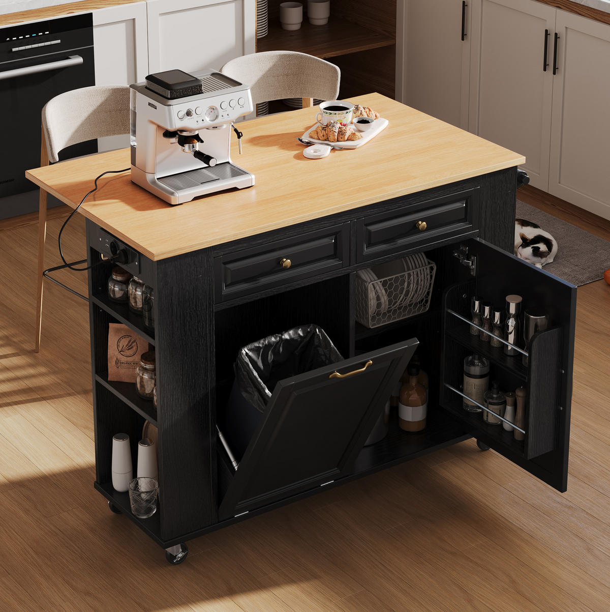 KÜCHENINSEL 120/92/40-70 cm Schwarz/Natur aus MDF mit Rollen und Ausziehtisch - Schwarz, Holzwerkstoff (70/92/120cm) - OKMYHOME
