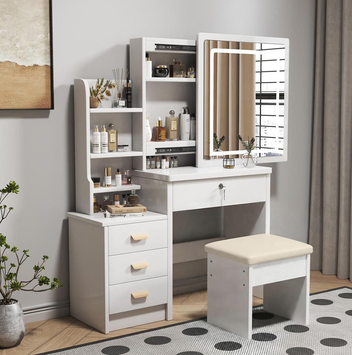 SCHMINKTISCH 85/36/130 cm weiß aus MDF mit LED-Spiegel und Hocker - Weiß, Holzwerkstoff (36/130/85cm) - OKWISH
