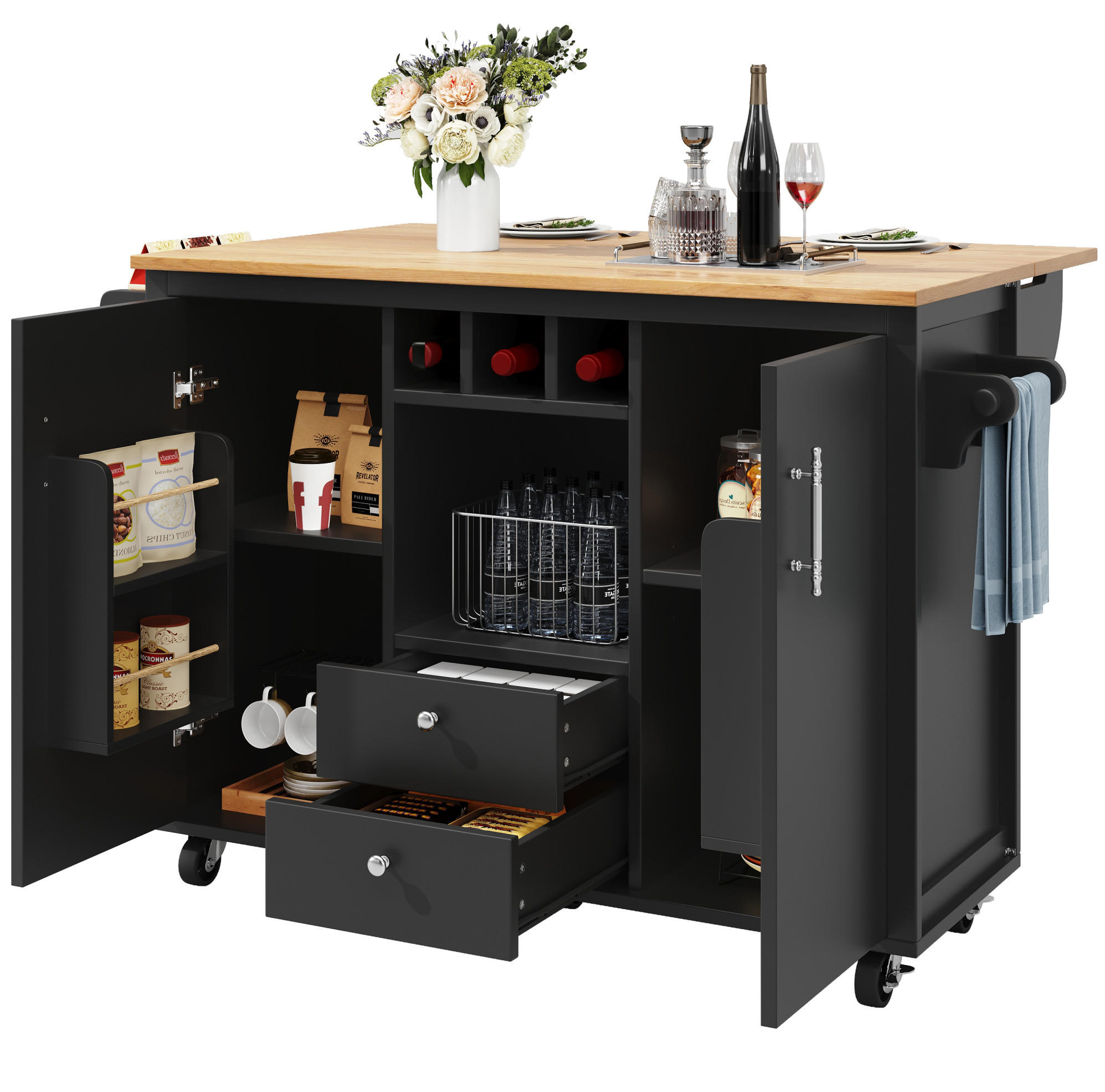 KÜCHENINSEL 137,9/73/92,2 cm aus MDF und Metall mit klappbarer Arbeitsplatte Schwarz - Schwarz, Holzwerkstoff (137.9/92/73cm) - Modenvie