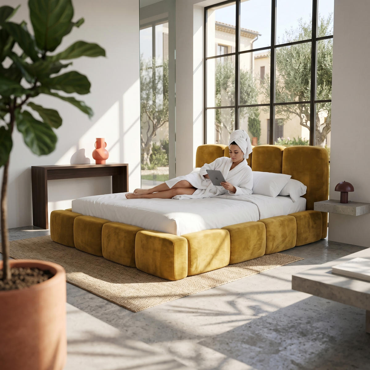POLSTERBETT SUENO MAXI 140x200 cm in Gelb, gepolstertes Kopfteil, Metalllattenrost, Bettkasten, Velour-Stoff - Gelb/Naturfarben, Holz/Textil (140/200cm) - Muffo