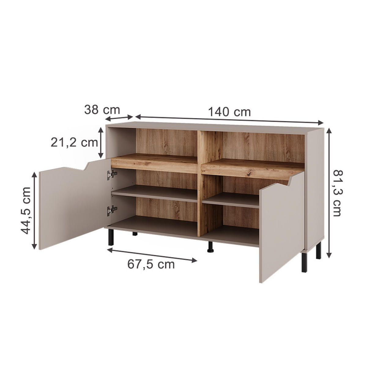 KREDENC Marelle Béžový dub/Artisan - světle šedá/šedobéžová, kompozitní dřevo (140/81.3/38cm) - Vicco