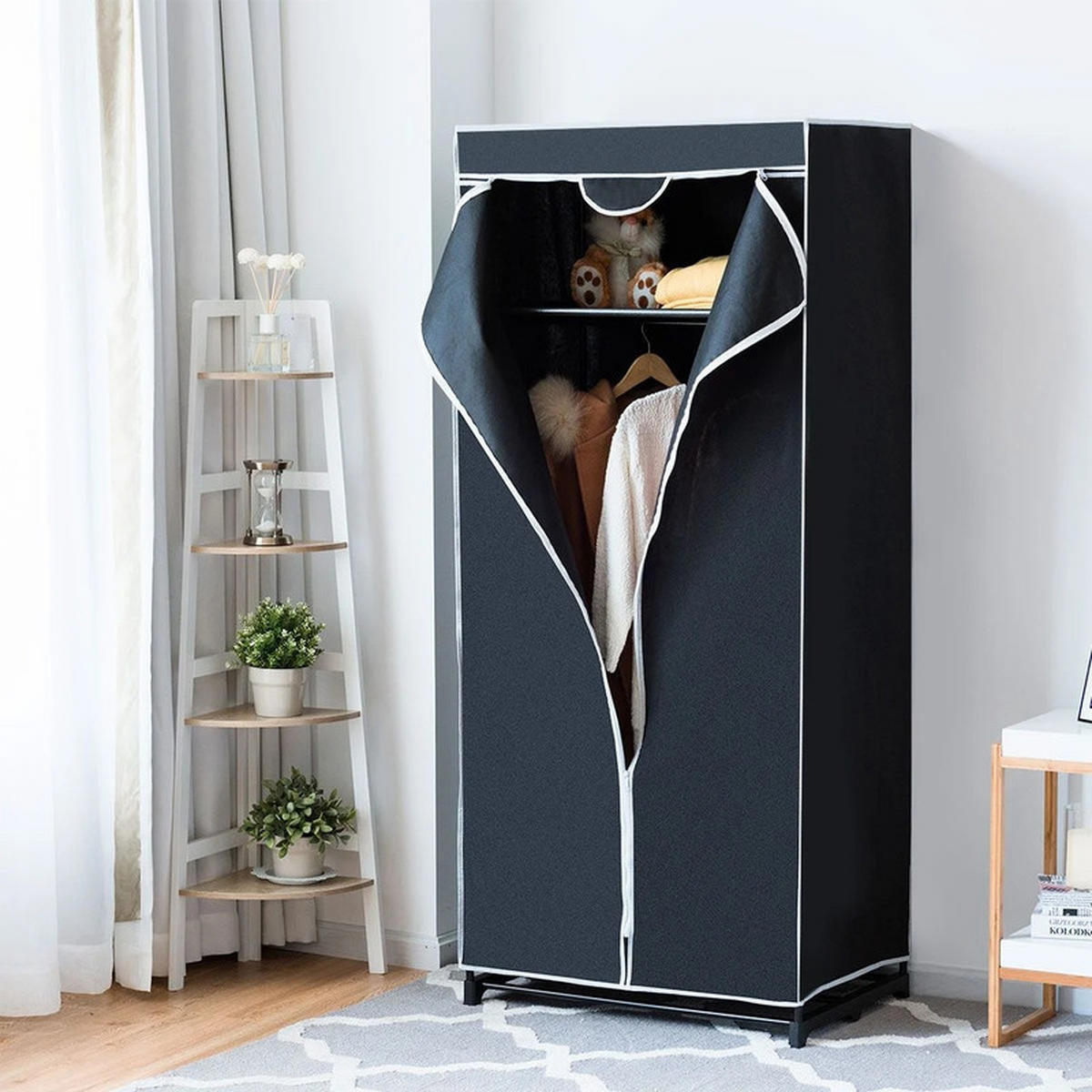 STOFFKLEIDERSCHRANK mit Kleiderstange schwarz - Schwarz, Textil (74/172/50cm) - COSTWAY