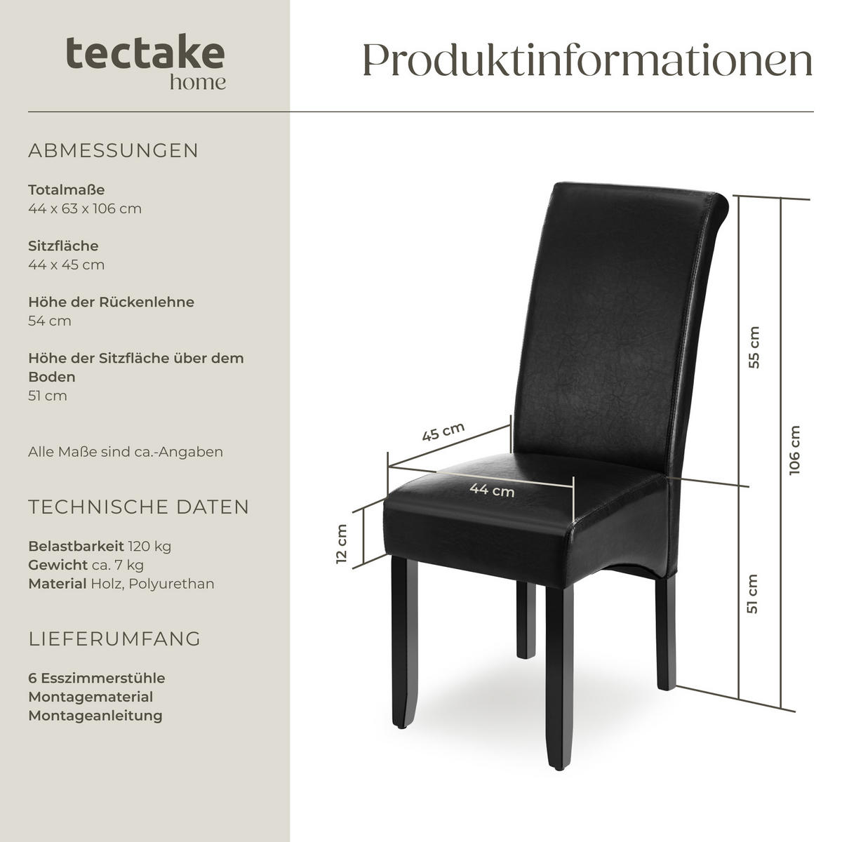 ESSZIMMERSTUHL 6er Set 44 x 63 x 106 cm schwarz - Schwarz, Textil (44/106/45cm) - tectake