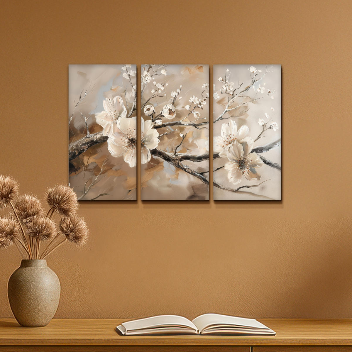 LEINWANDBILD 3er Set Blüte - Beige - Abstrakt - Blumen 60x40 cm - Hellbraun, Textil (60/40cm) - MuchoWow