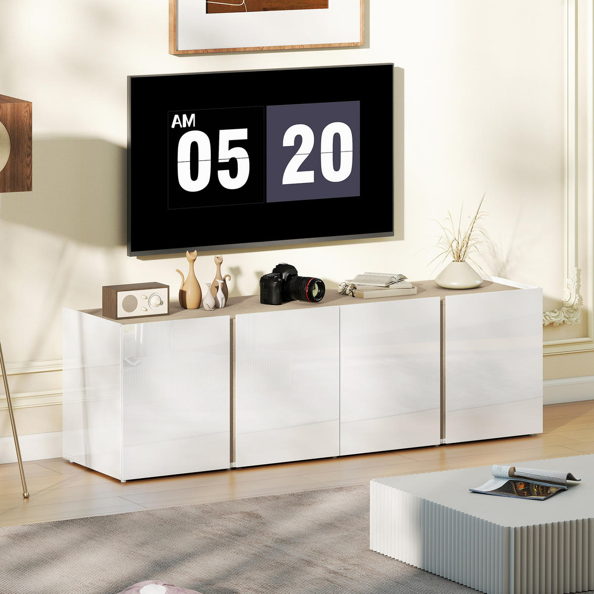 TV Schrank Hochglanz TV Board mit 4 Soft-Close-Türen für Fernseher bis zu 65Zoll - Weiß Hochglanz/Weiß, Holzwerkstoff/Kunststoff (38/45/135cm) - HOMCOM
