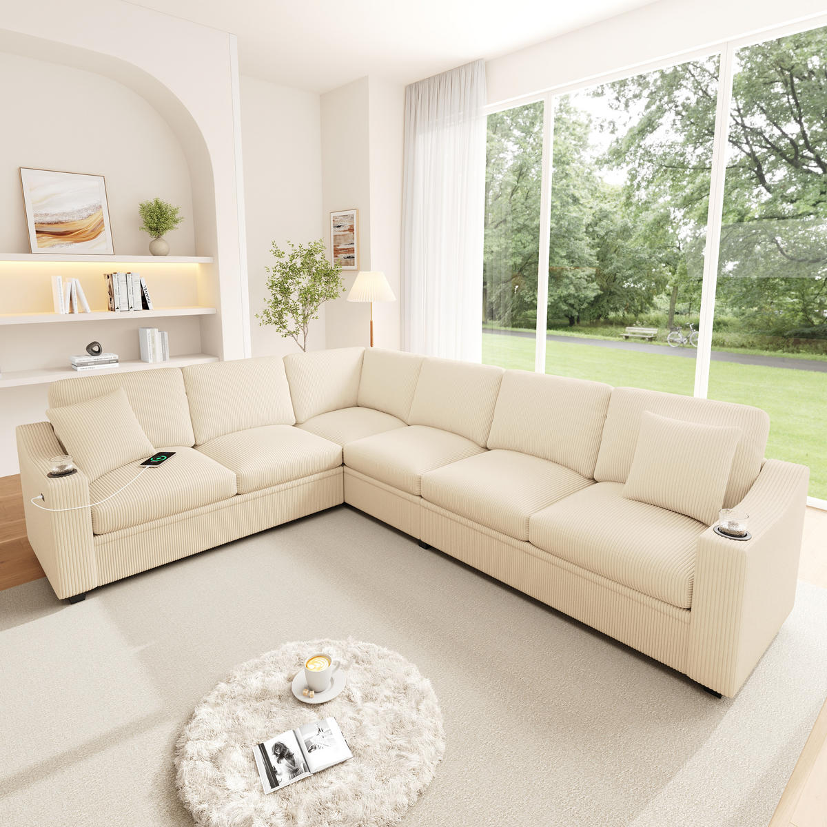 ECKSOFA 277/215/85 cm Beige mit USB/Type-C-Schnellladeanschluss und 2 Getränkehaltern - Beige, Textil (277/215cm) - Oxeza
